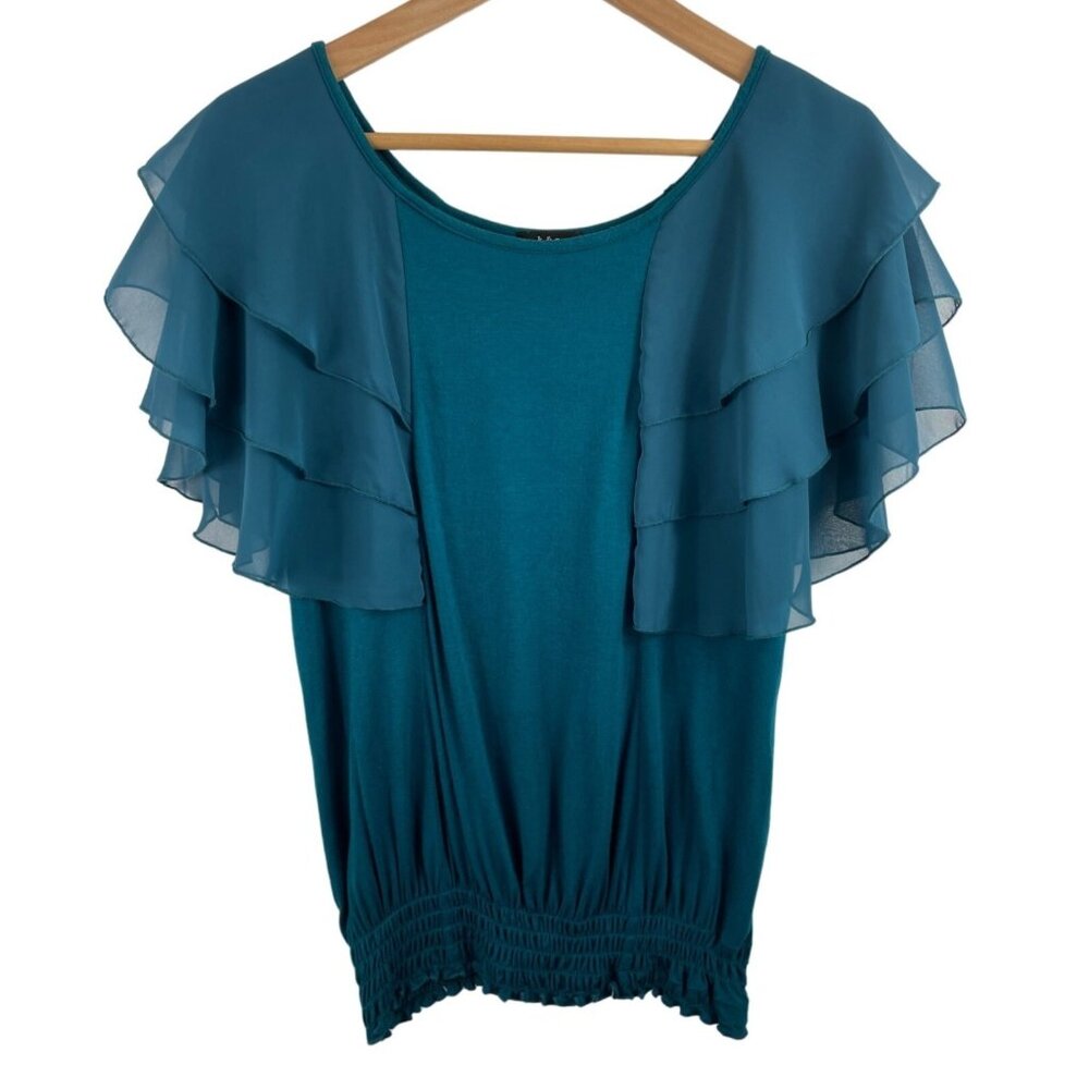K&C Womens Size Medium Green Short Sleeve Knit Blouse Chiffon Accent